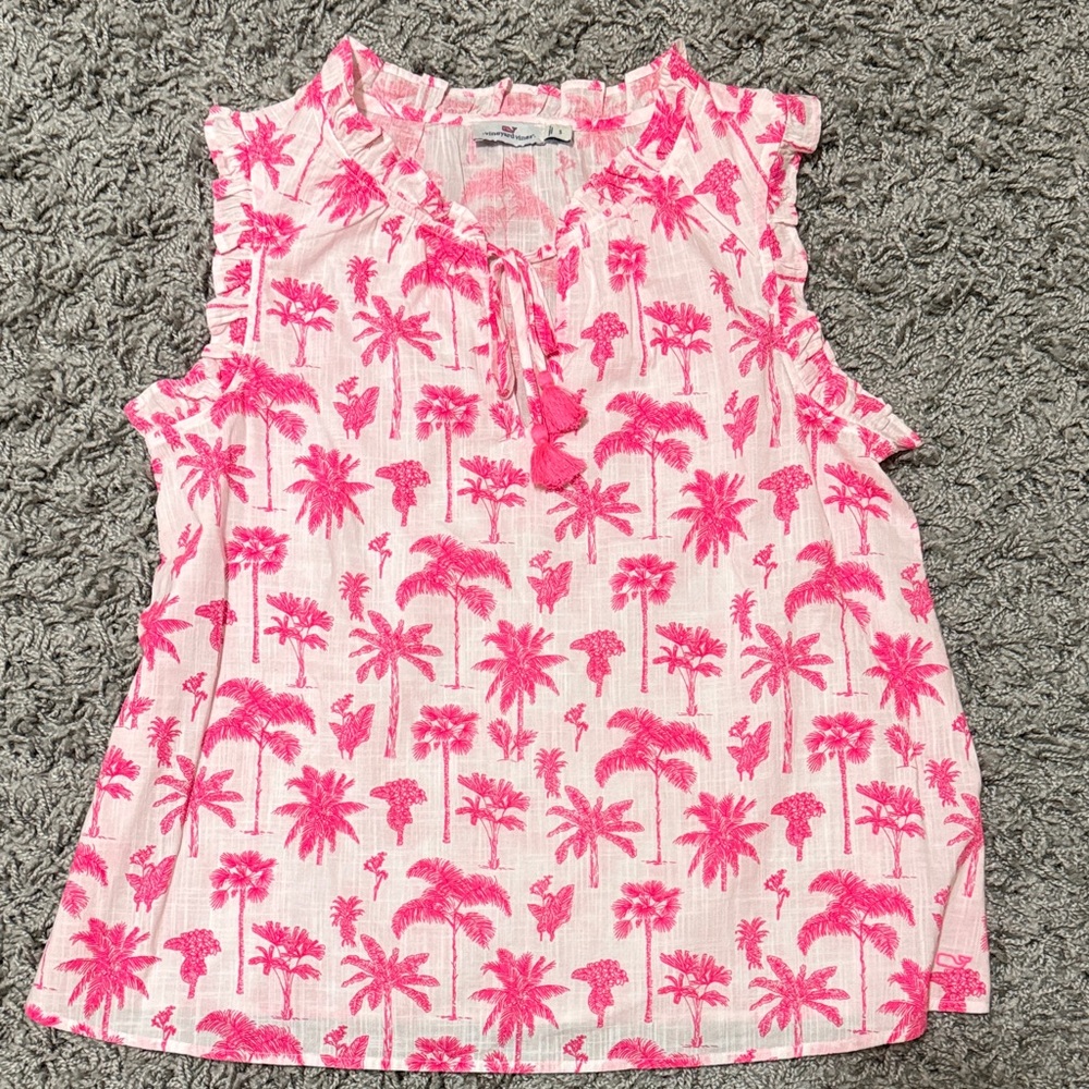 Vineyard Vines Pink Palm Print Ruffle Sleeve Blouse